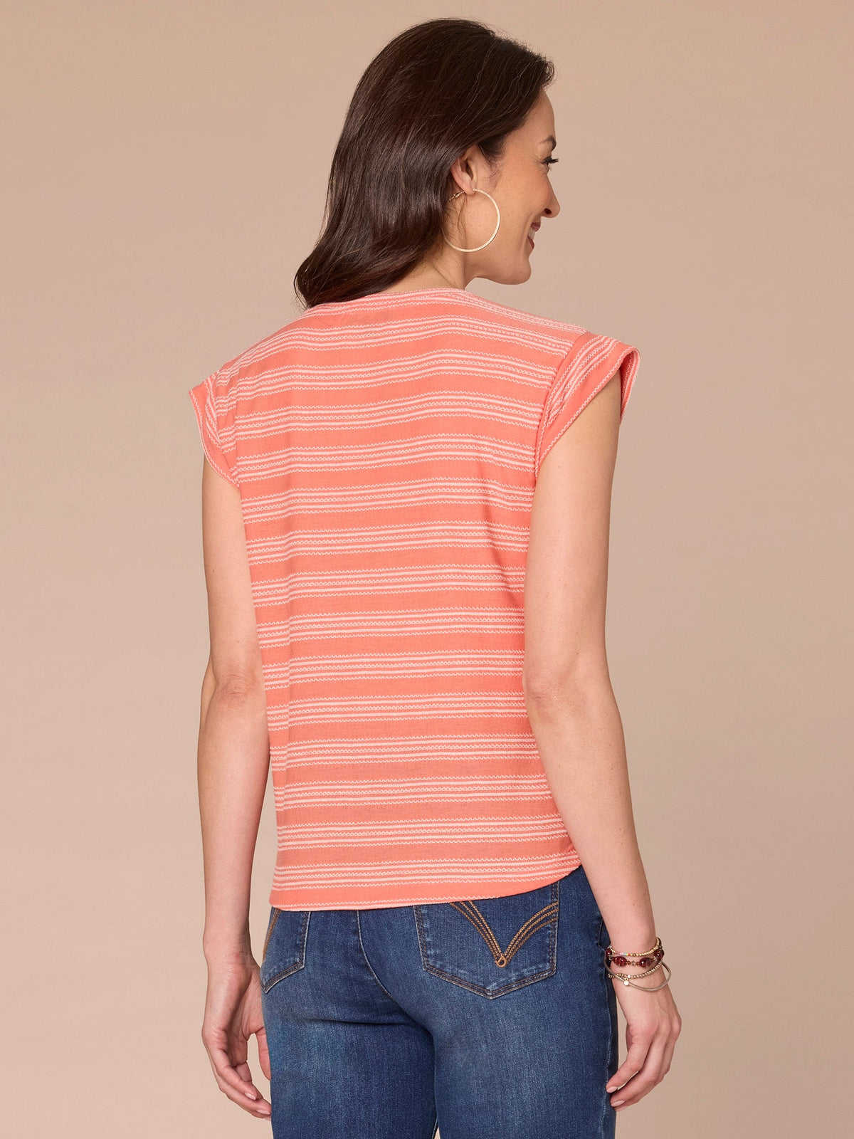 Democracy Clothing Cap Sleeve Scoop Neck Embroidered Stripe Knit Top - Black|Lobster|Ocean Depths|Green Tea|Navy|Winter Melon