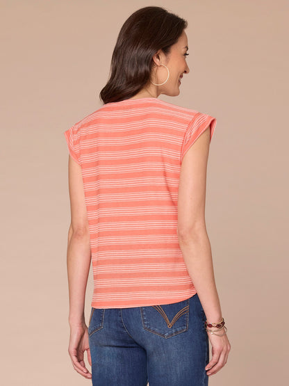 Democracy Clothing Cap Sleeve Scoop Neck Embroidered Stripe Knit Top - Black|Lobster|Ocean Depths|Green Tea|Navy|Winter Melon