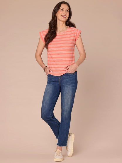 Democracy Clothing Cap Sleeve Scoop Neck Embroidered Stripe Knit Top - Black|Lobster|Ocean Depths|Green Tea|Navy|Winter Melon