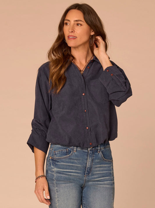 Democracy Clothing Three Quarter Tucked Sleeve Collar Button Down Bubble Hem Woven Shirt - Orion Blue|Vanilla|Dark Moonrock