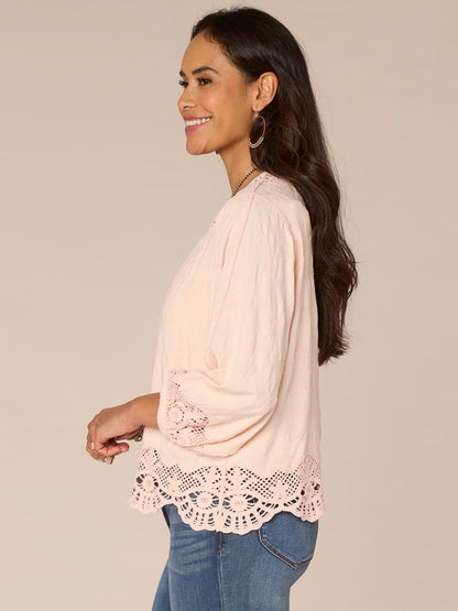 Democracy Clothing Three Quarter Blouson Sleeve Open Front Crochet Cropped Woven Jacket - Off White Natural|Pale Peach