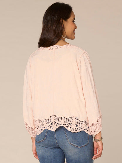 Democracy Clothing Three Quarter Blouson Sleeve Open Front Crochet Cropped Woven Jacket - Off White Natural|Pale Peach