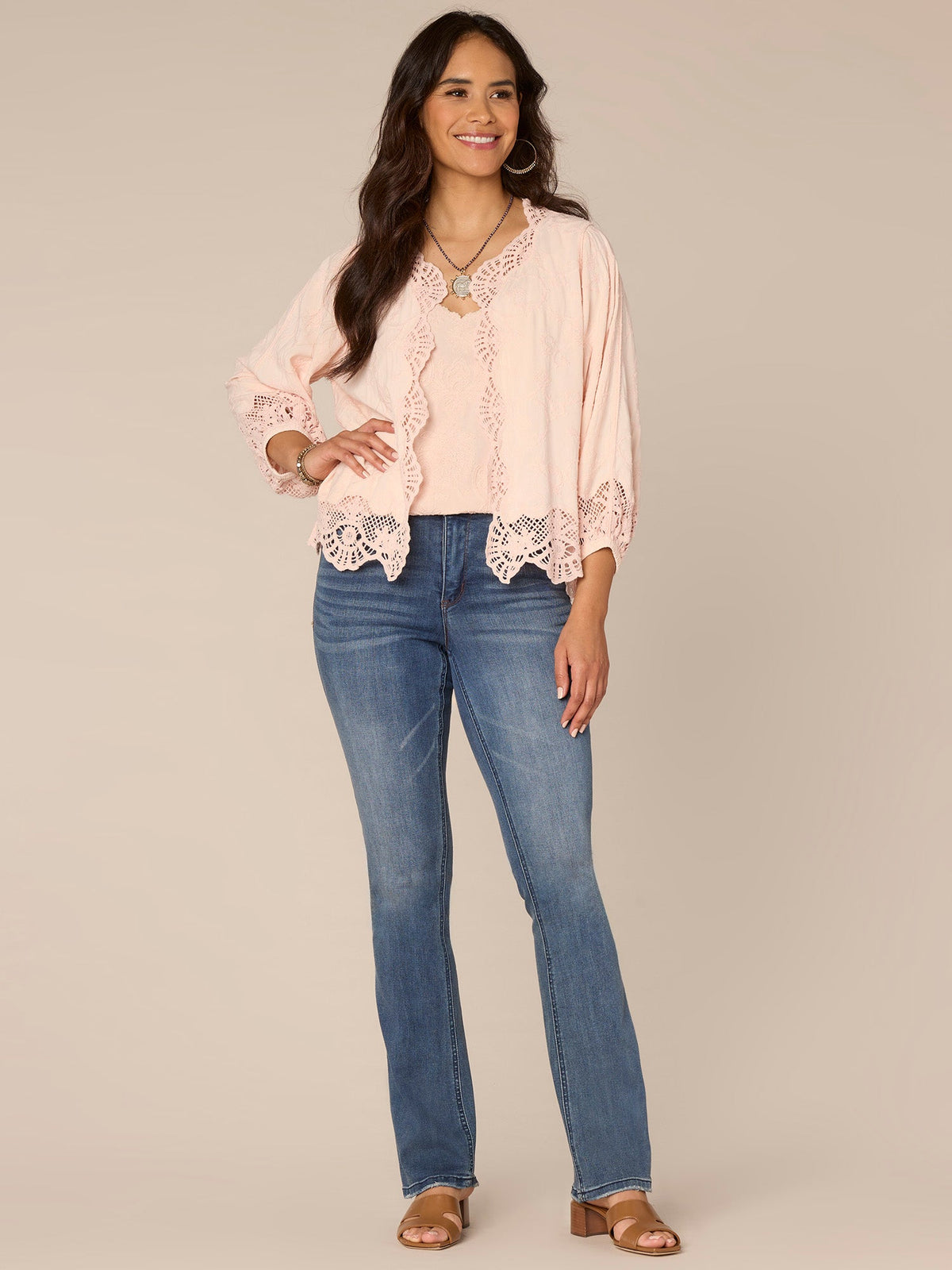 Democracy Clothing Three Quarter Blouson Sleeve Open Front Crochet Cropped Woven Jacket - Off White Natural|Pale Peach