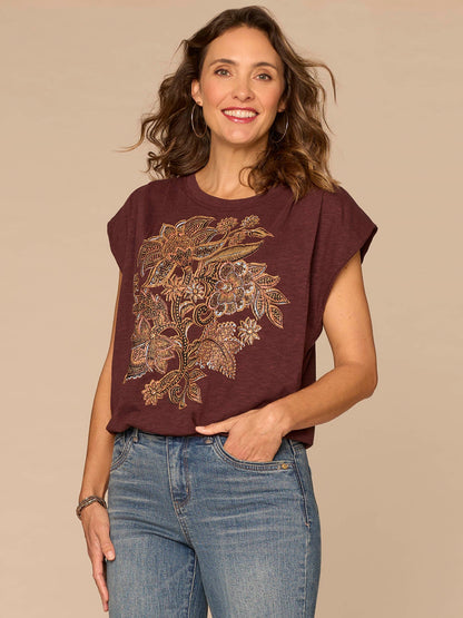 Democracy Clothing Origami Cap Sleeve Scoop Neck Cased Hem Printed Petite Knit Top - Cherry Chocolate Print Multi|Dusty Papaya Print Multi|Shadow Multi