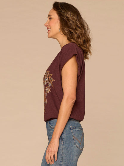 Democracy Clothing Origami Cap Sleeve Scoop Neck Cased Hem Printed Petite Knit Top - Cherry Chocolate Print Multi|Dusty Papaya Print Multi|Shadow Multi