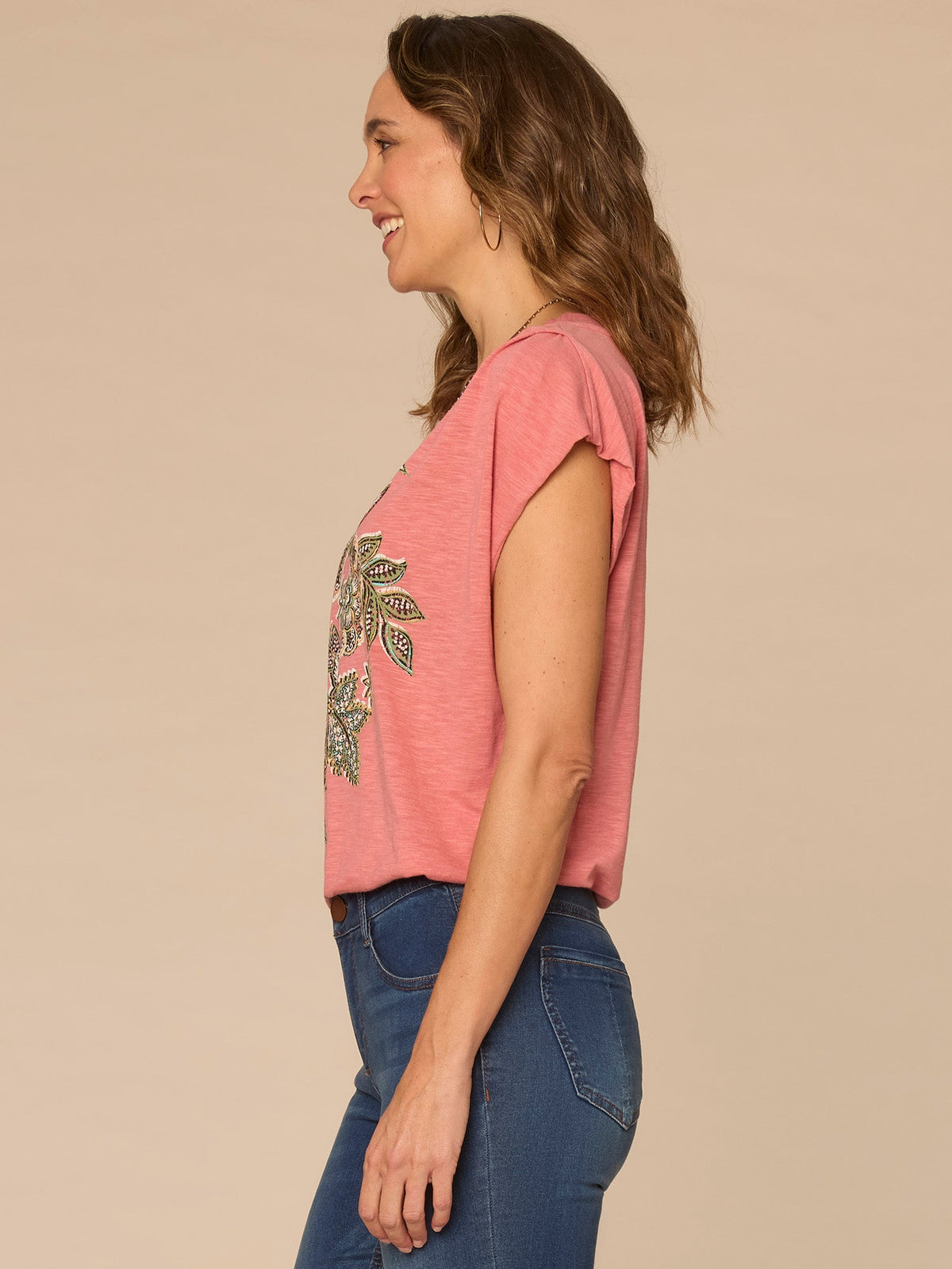 Democracy Clothing Origami Cap Sleeve Scoop Neck Cased Hem Printed Petite Knit Top - Cherry Chocolate Print Multi|Dusty Papaya Print Multi|Shadow Multi