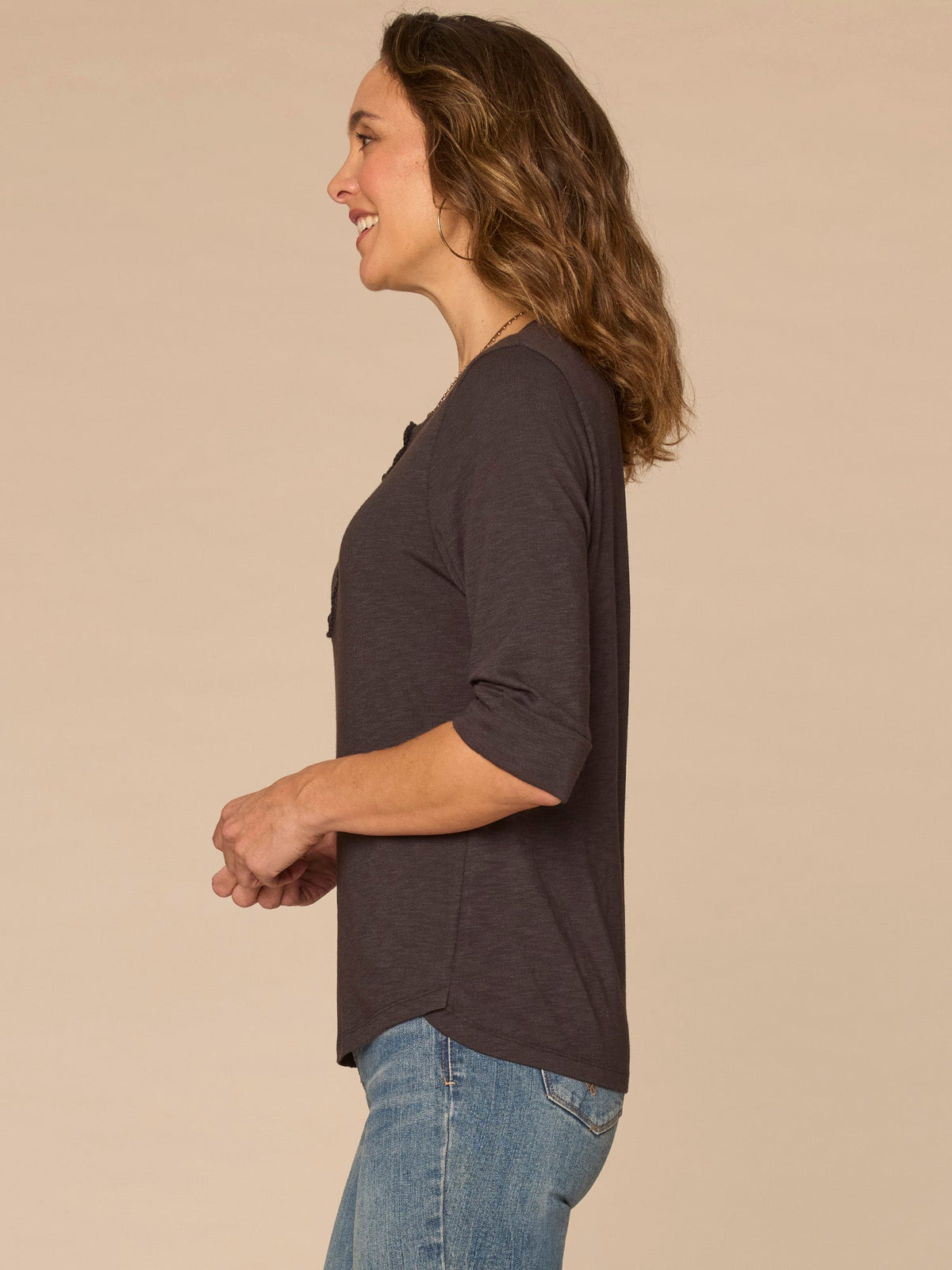 Democracy Clothing Elbow Roll Cuff Sleeve Scoop Neck Half Crochet Placket Knit Top - Oyster Mushroom|Horizon Blue|Dark Licorice