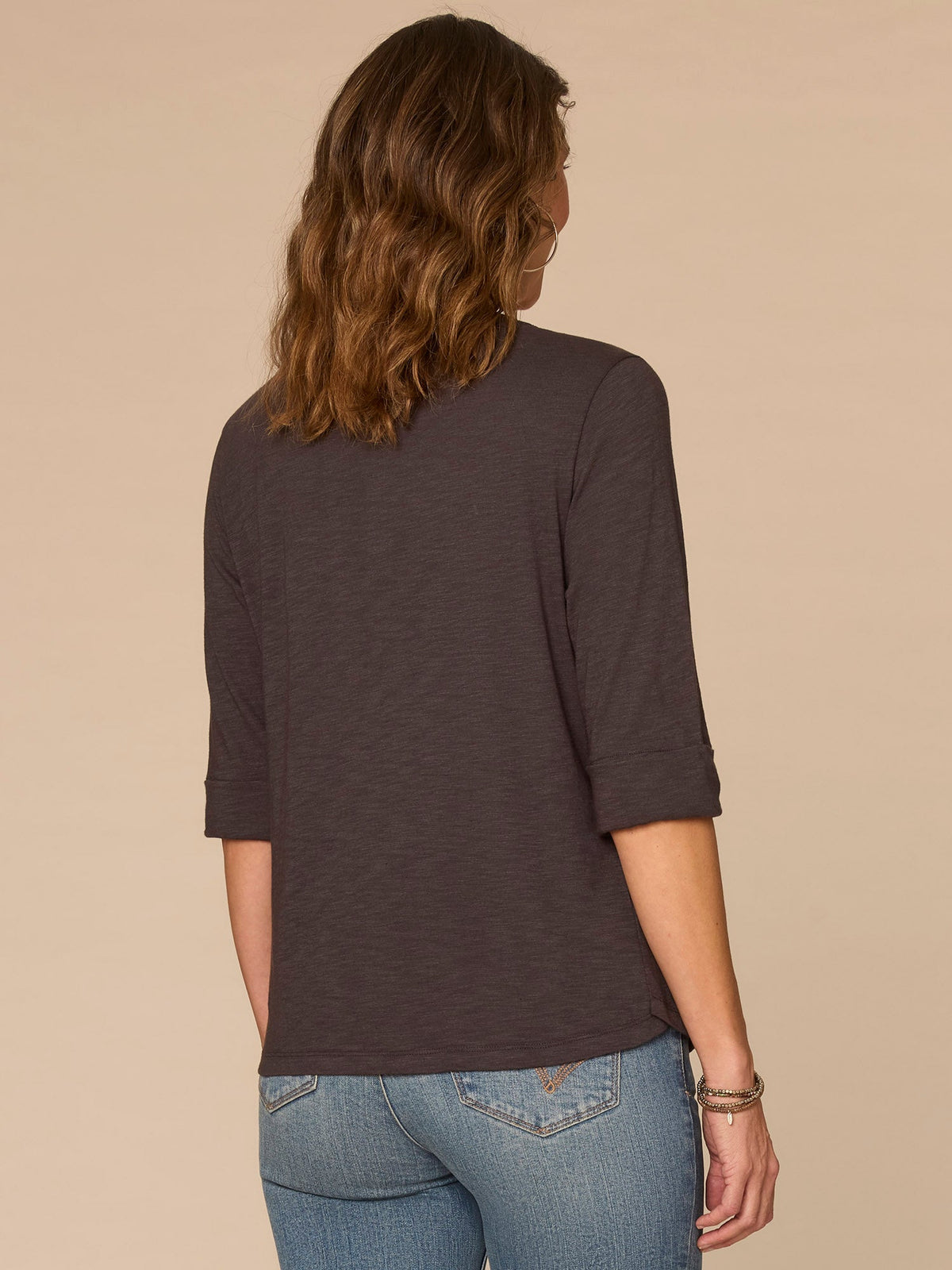 Democracy Clothing Elbow Roll Cuff Sleeve Scoop Neck Half Crochet Placket Knit Top - Oyster Mushroom|Horizon Blue|Dark Licorice