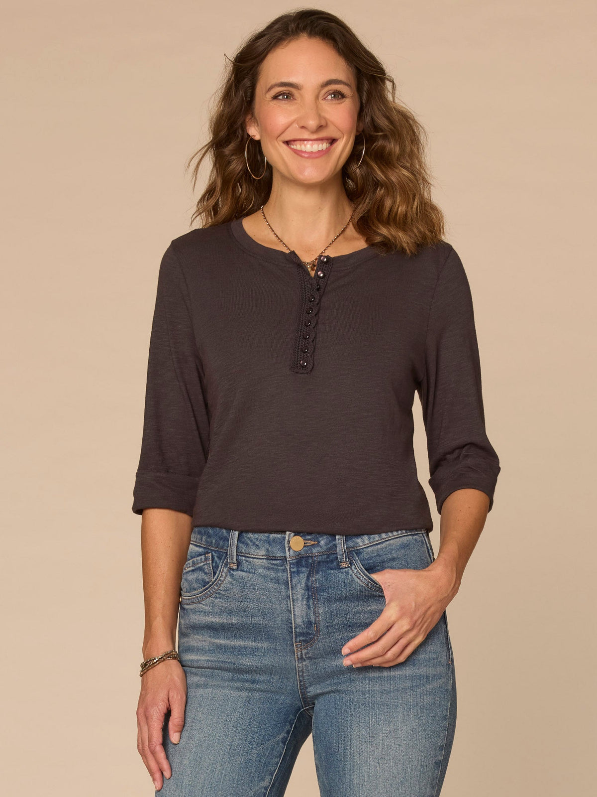 Democracy Clothing Elbow Roll Cuff Sleeve Scoop Neck Half Crochet Placket Knit Top - Oyster Mushroom|Horizon Blue|Dark Licorice