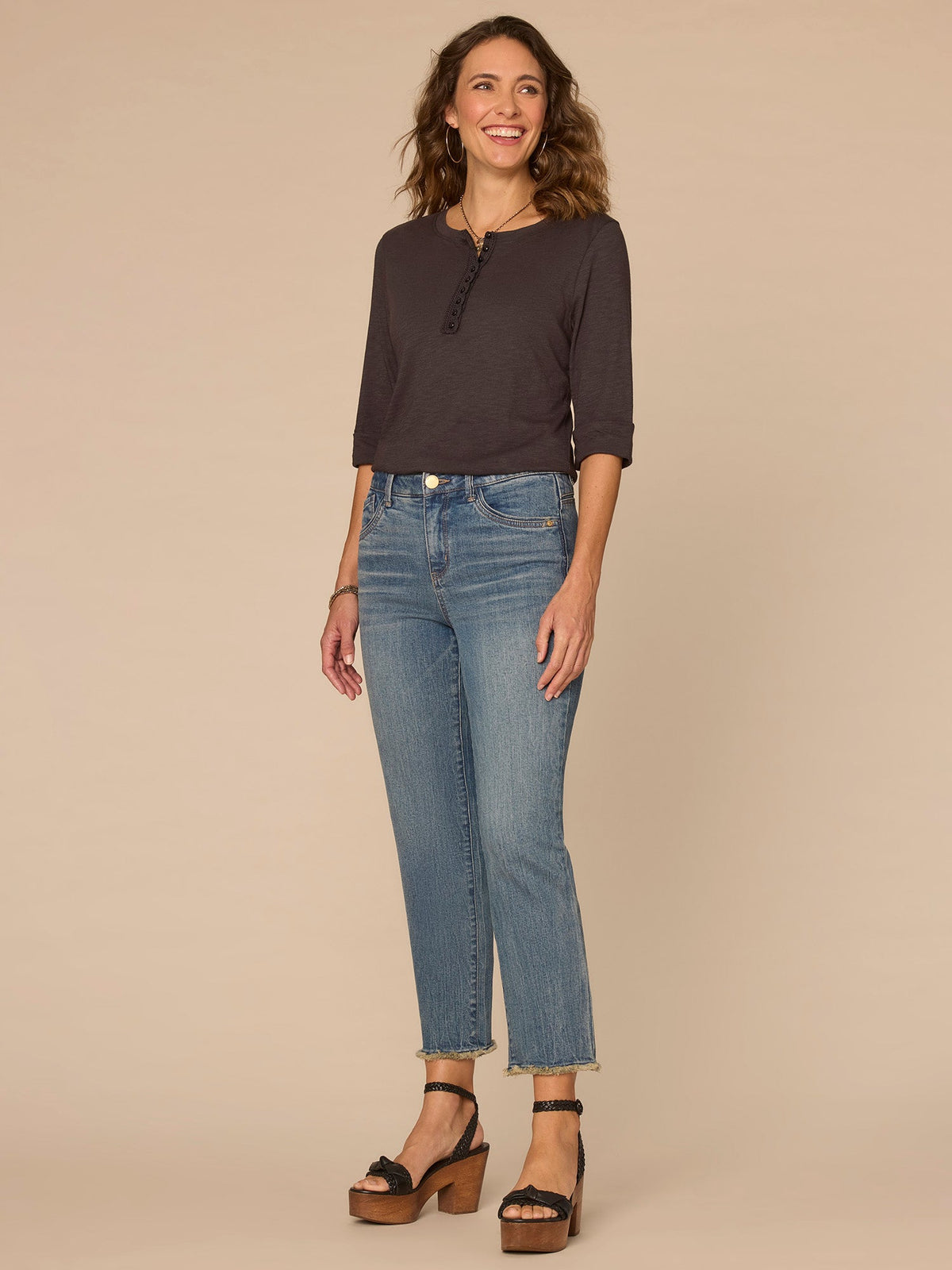 Democracy Clothing Elbow Roll Cuff Sleeve Scoop Neck Half Crochet Placket Knit Top - Oyster Mushroom|Horizon Blue|Dark Licorice