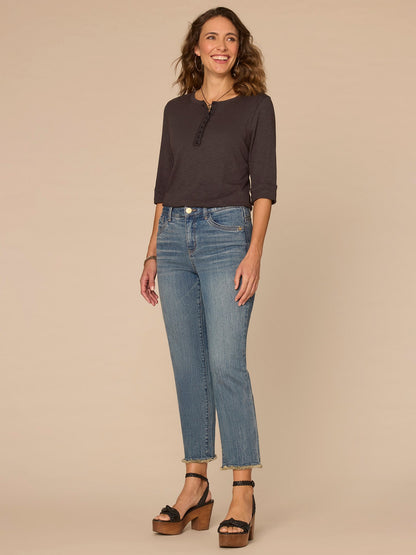 Democracy Clothing Elbow Roll Cuff Sleeve Scoop Neck Half Crochet Placket Knit Top - Oyster Mushroom|Horizon Blue|Dark Licorice