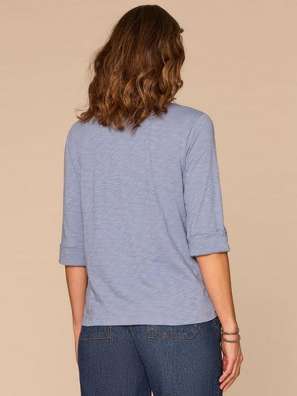 Democracy Clothing Elbow Roll Cuff Sleeve Scoop Neck Half Crochet Placket Knit Top - Oyster Mushroom|Horizon Blue|Dark Licorice