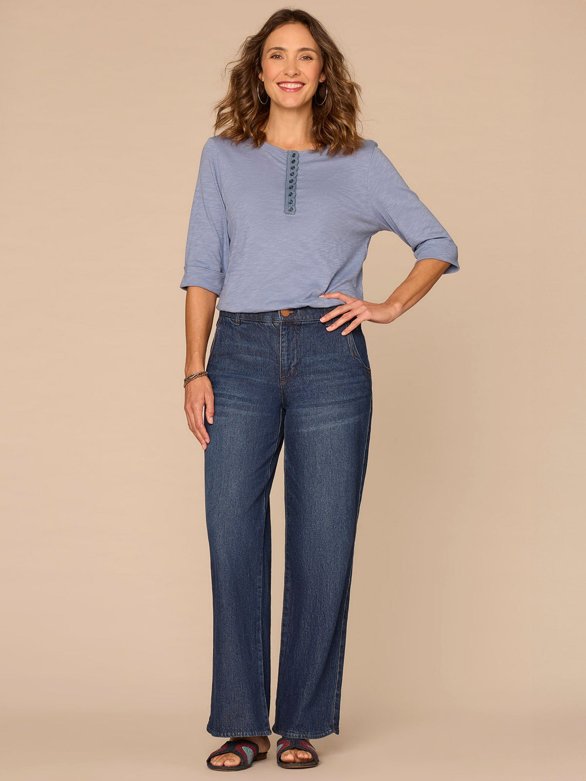 Democracy Clothing Elbow Roll Cuff Sleeve Scoop Neck Half Crochet Placket Knit Top - Oyster Mushroom|Horizon Blue|Dark Licorice