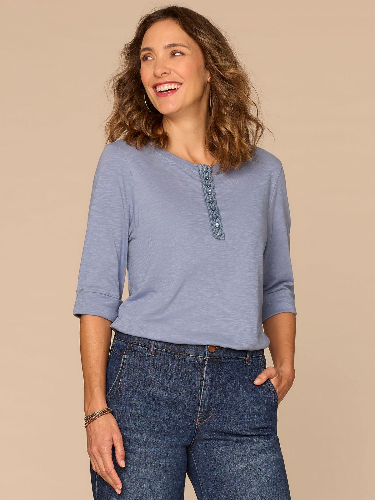 Democracy Clothing Elbow Roll Cuff Sleeve Scoop Neck Half Crochet Placket Knit Top - Oyster Mushroom|Horizon Blue|Dark Licorice