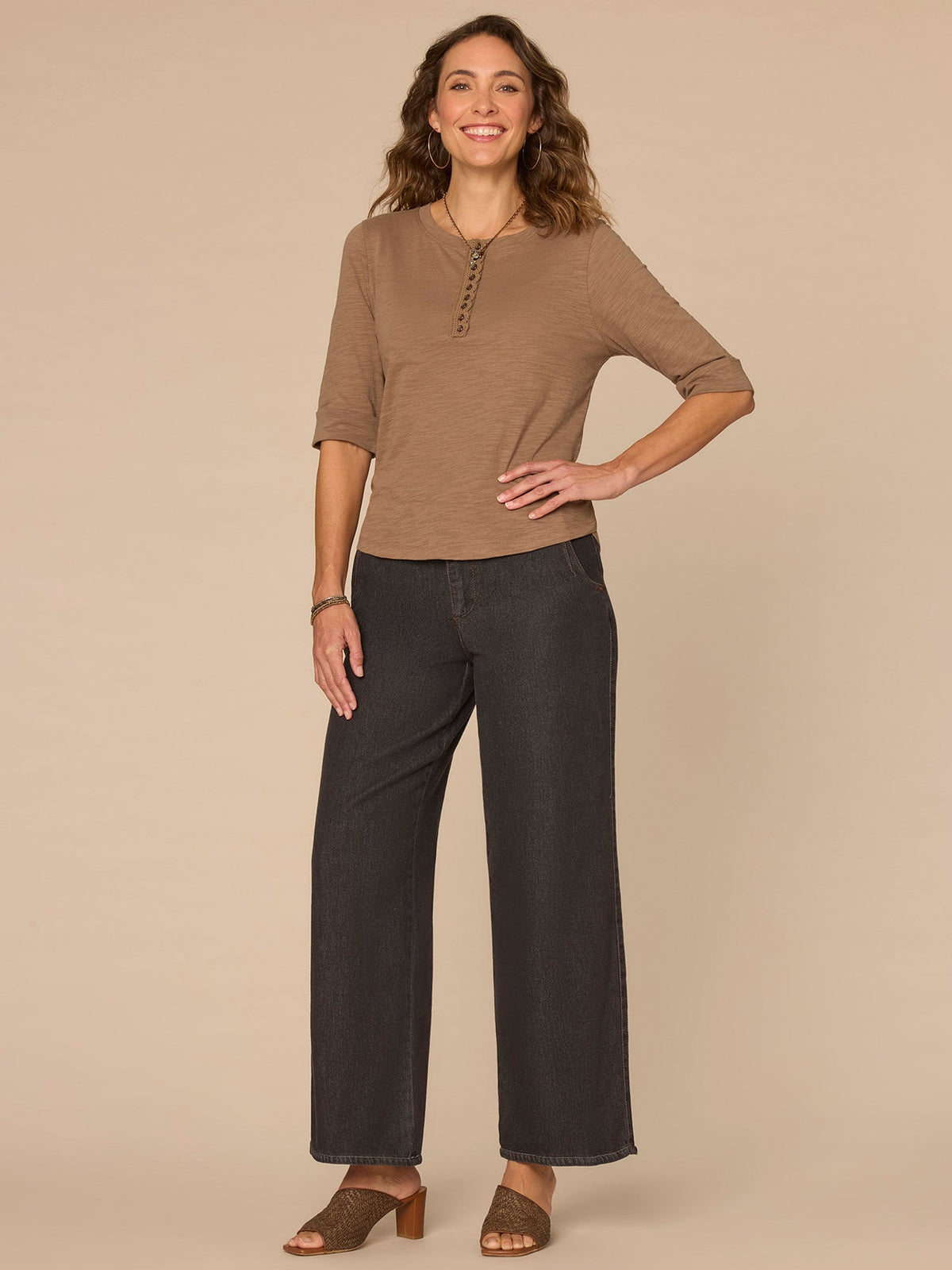 Democracy Clothing Elbow Roll Cuff Sleeve Scoop Neck Half Crochet Placket Knit Top - Oyster Mushroom|Horizon Blue|Dark Licorice