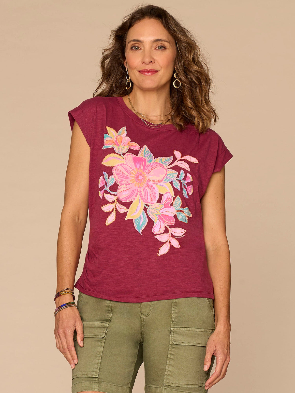 Democracy Clothing Origami Cap Sleeve Scoop Neck Screen Printed Petite Knit Top - Beet Red Multi|Forest Moss