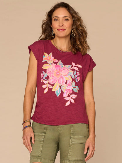 Democracy Clothing Origami Cap Sleeve Scoop Neck Screen Printed Petite Knit Top - Beet Red Multi|Forest Moss