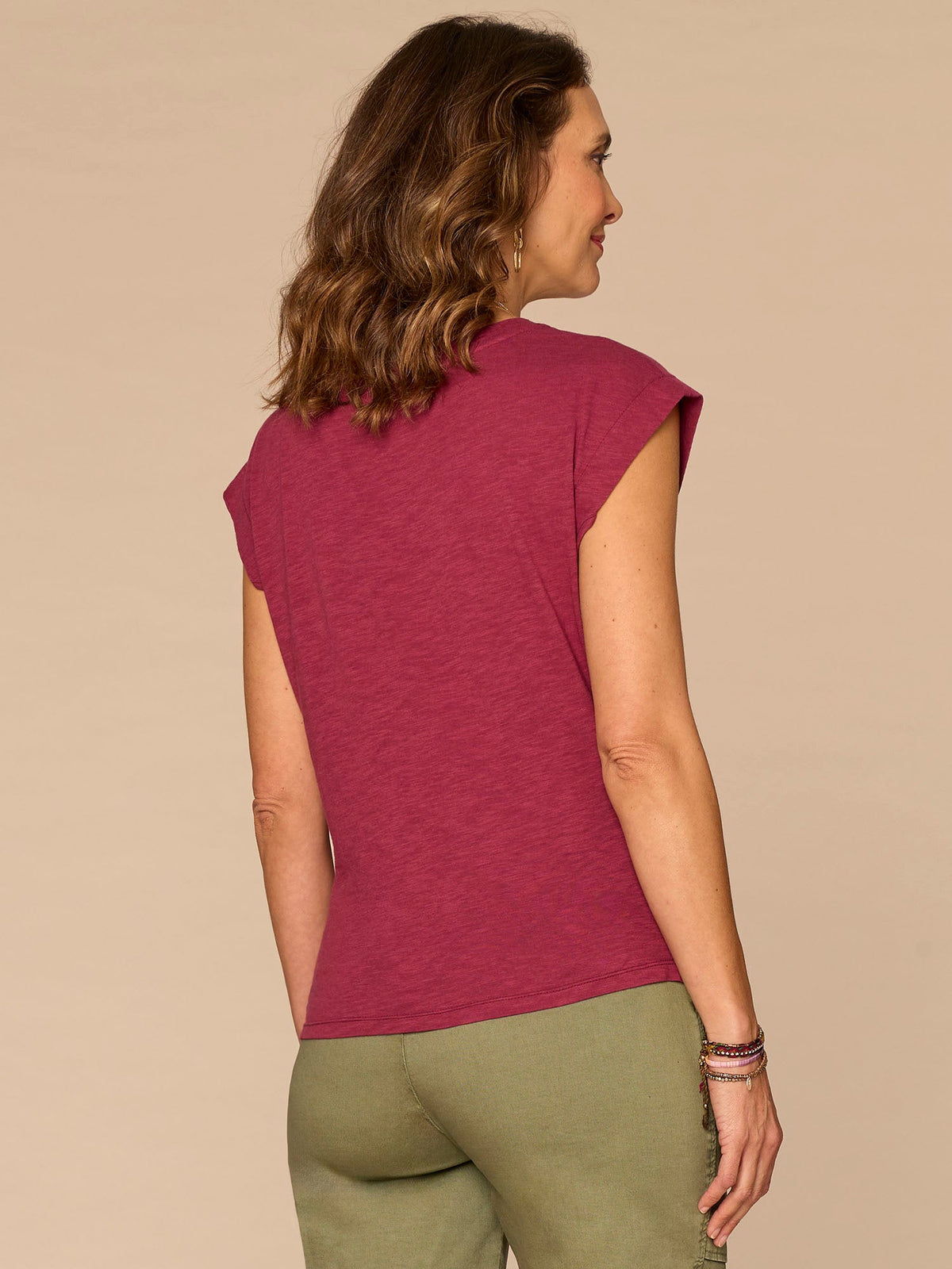 Democracy Clothing Origami Cap Sleeve Scoop Neck Screen Printed Petite Knit Top - Beet Red Multi|Forest Moss