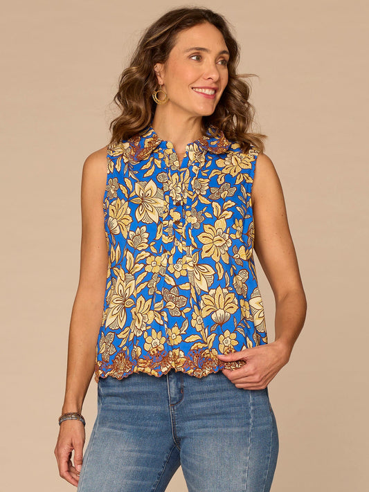 Democracy Clothing Sleeveless Collar Neck Half Placket Printed Woven Top with Embroidery - Cobalt Blue Floral Multi
