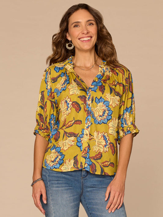 Democracy Clothing Elbow Puff Sleeve Split Neck Button Down Printed Petite Woven Top - Chartreuse Multi|Rose Pearl Multi