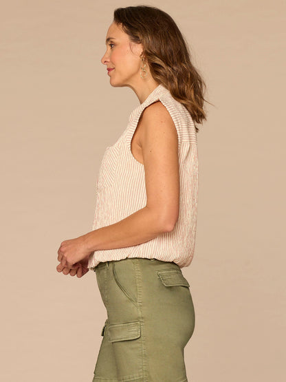 Democracy Clothing Cap Sleeve Collared Button Down Placket Spliced Stripe Woven Top - Ecru Fired Brick Stripe