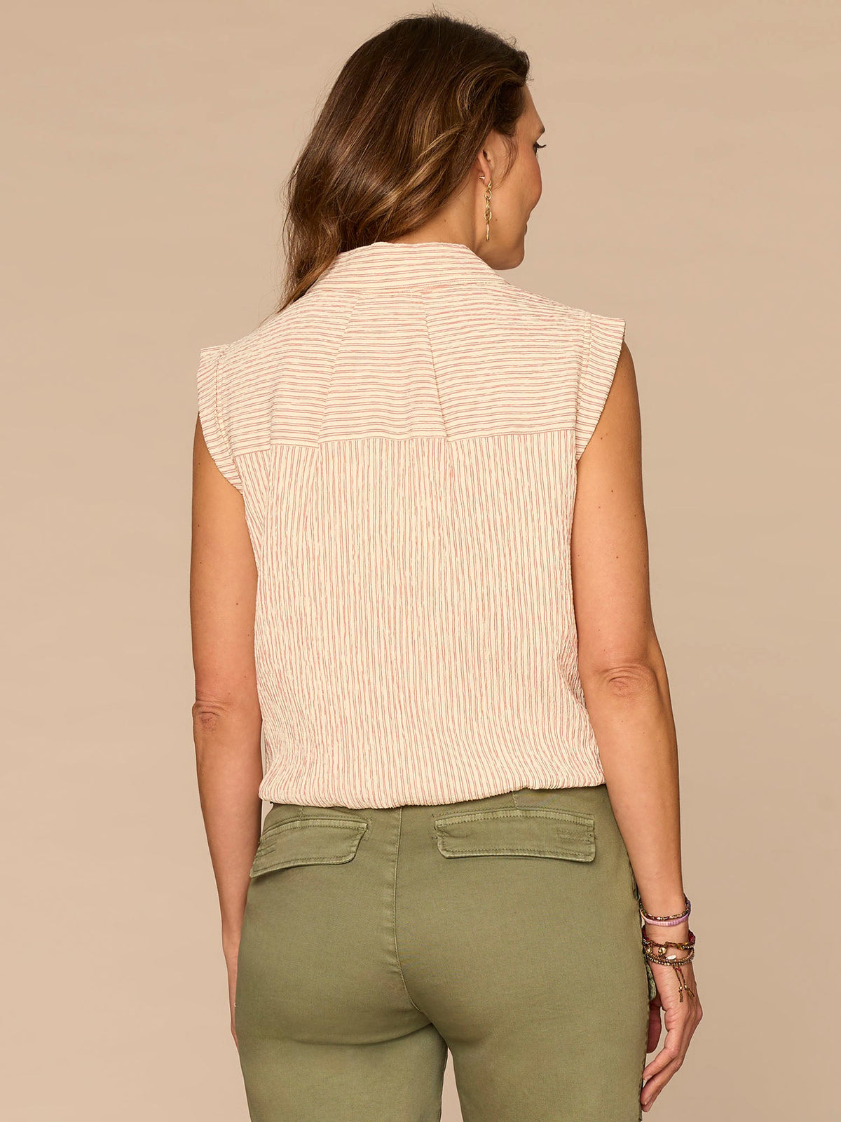 Democracy Clothing Cap Sleeve Collared Button Down Placket Spliced Stripe Woven Top - Ecru Fired Brick Stripe