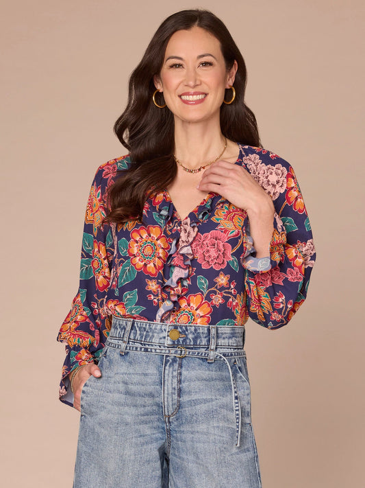 Democracy Clothing Long Flounce Sleeve V-Neck Ruffle Placket Printed Petite Woven Top - Navy Multi Floral Print