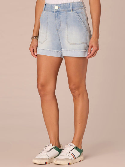 Democracy Clothing "Ab"solution High Rise Fray Cuff Shorts with Dart Seams - Powder Blue Artisanal Denim