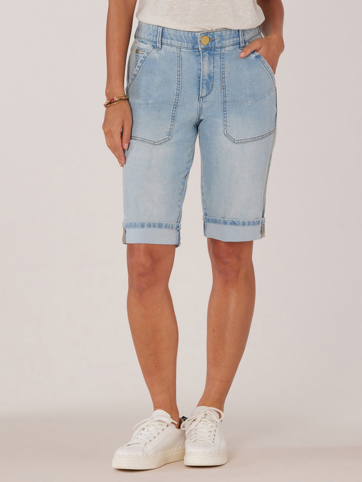 Democracy Clothing "Ab"solution Petite High Rise Repreve Bermuda Short with Cuffed Hem - Powder Blue Artisanal Denim