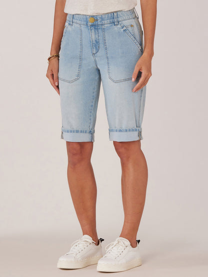 Democracy Clothing "Ab"solution Petite High Rise Repreve Bermuda Short with Cuffed Hem - Powder Blue Artisanal Denim