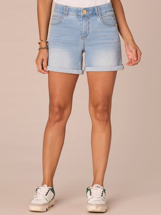 Democracy Clothing “Ab”solution® Mid-Rise Powder Blue Artisanal Booty Lift Petite Shorts - Powder Blue Artisanal Denim