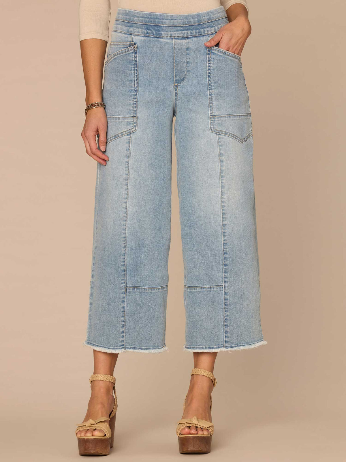 Democracy Clothing "Ab"solution® Skyrise Glider Crop Clean Finish Fray Hem Wide Leg Jeans - Light Blue Artisanal Denim