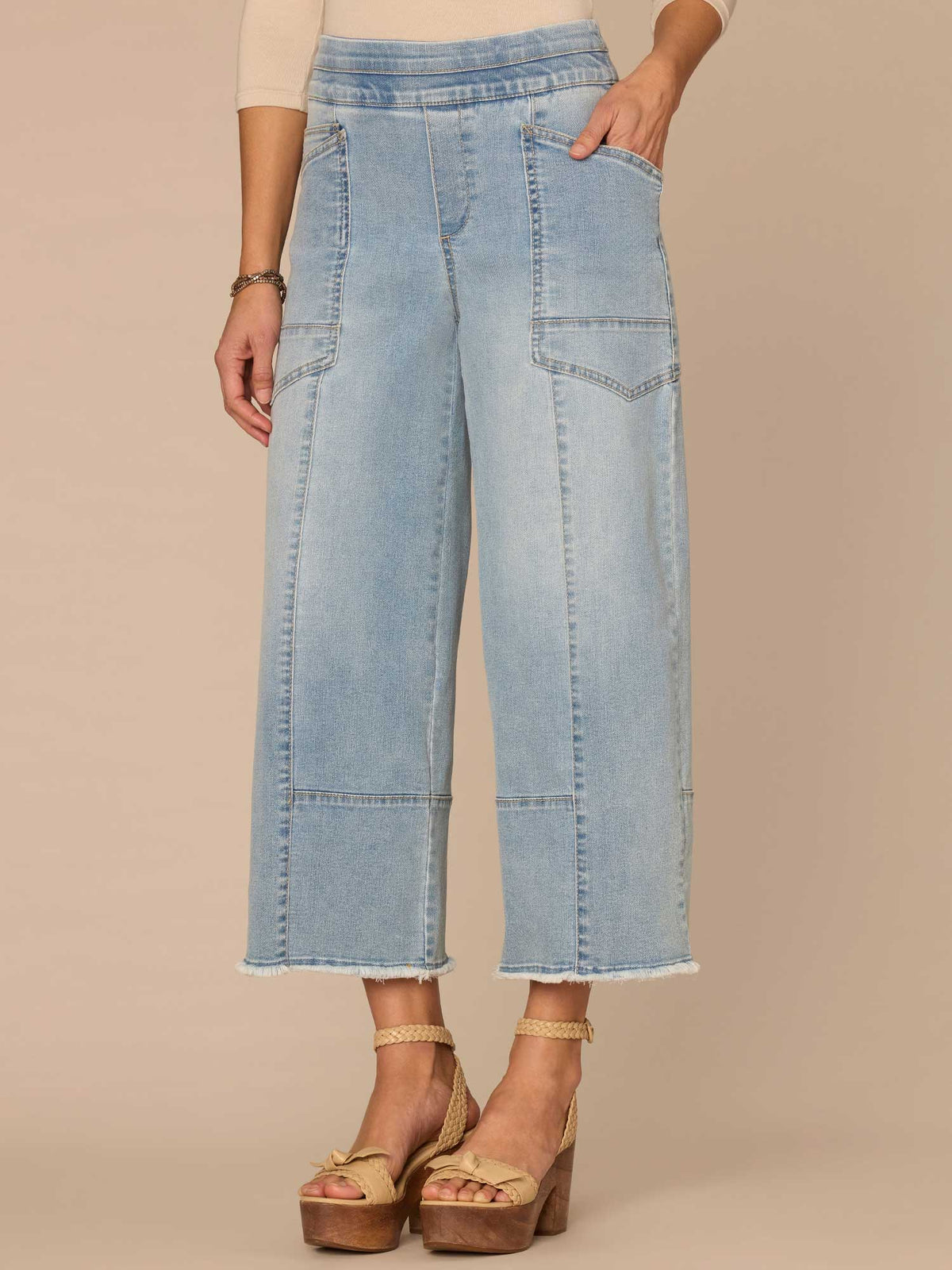 Democracy Clothing "Ab"solution® Skyrise Glider Crop Clean Finish Fray Hem Wide Leg Jeans - Light Blue Artisanal Denim