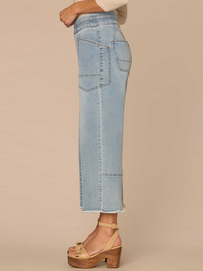 Democracy Clothing "Ab"solution® Skyrise Glider Crop Clean Finish Fray Hem Wide Leg Jeans - Light Blue Artisanal Denim