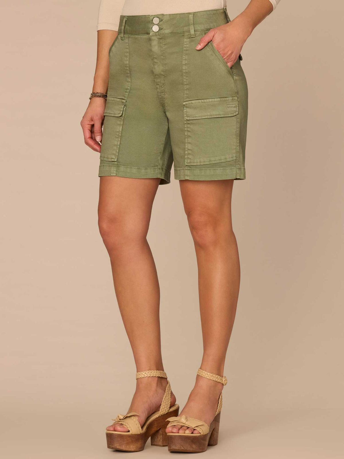Democracy Clothing "Ab"solution® Skyrise Double Button Patch Pocket Petite Cargo Shorts - Lily Pad