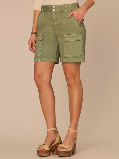 Democracy Clothing "Ab"solution® Skyrise Double Button Patch Pocket Petite Cargo Shorts - Lily Pad