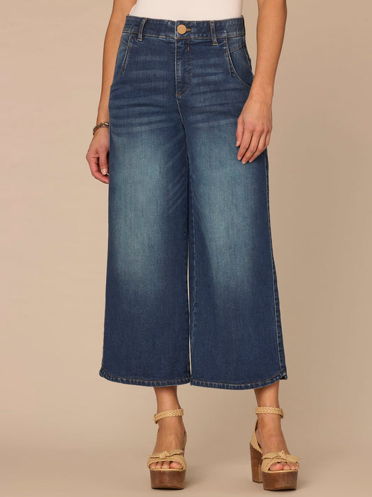 Democracy Clothing "Ab"solution® Skyrise Dart Seam Tulip Hem Crop Petite Wide Leg Jeans - Blue Denim