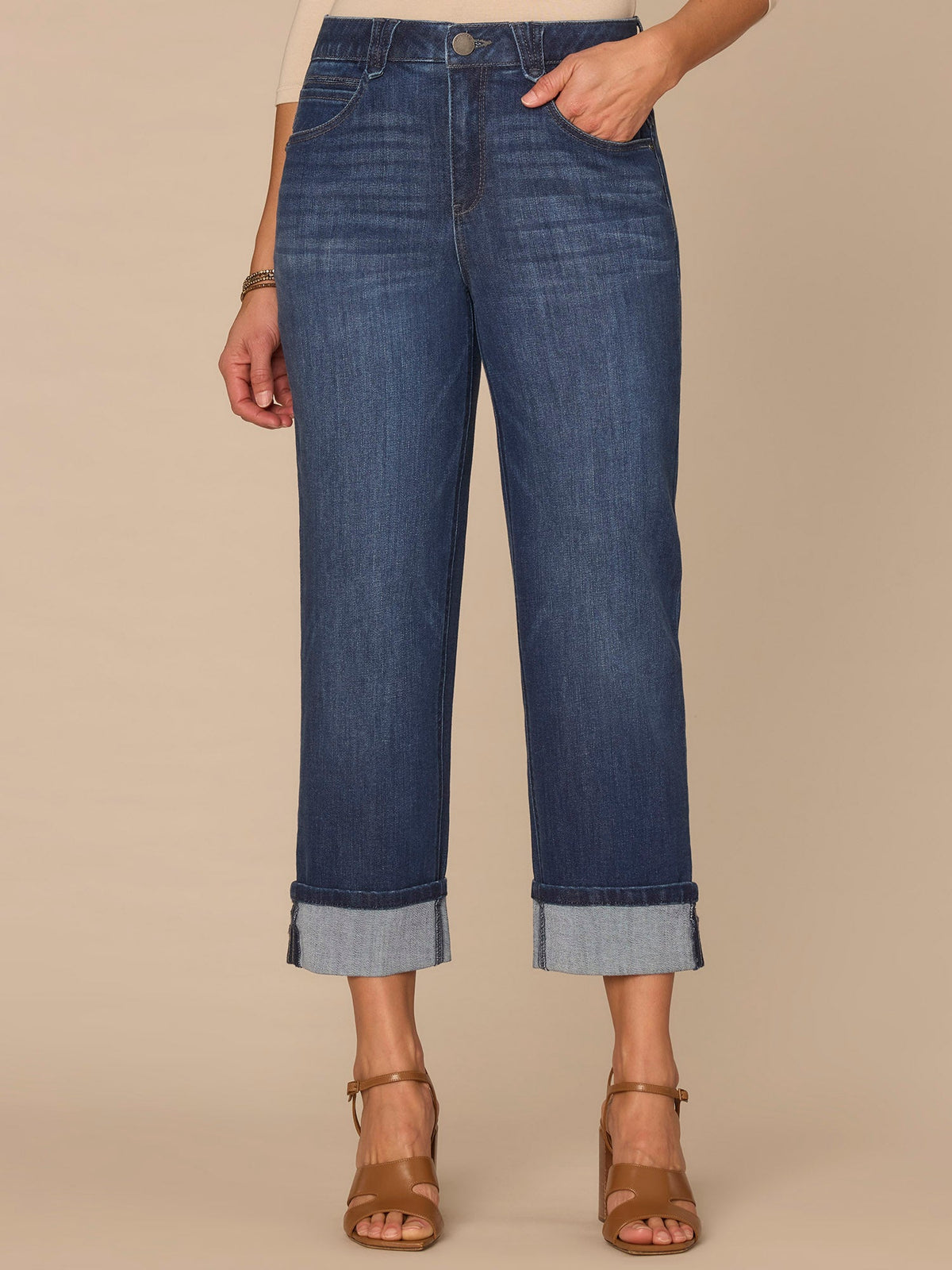 Democracy Clothing "Ab"solution® High Rise Round Up Petite Boyfriend Jeans with Crop Cuff - Blue Denim