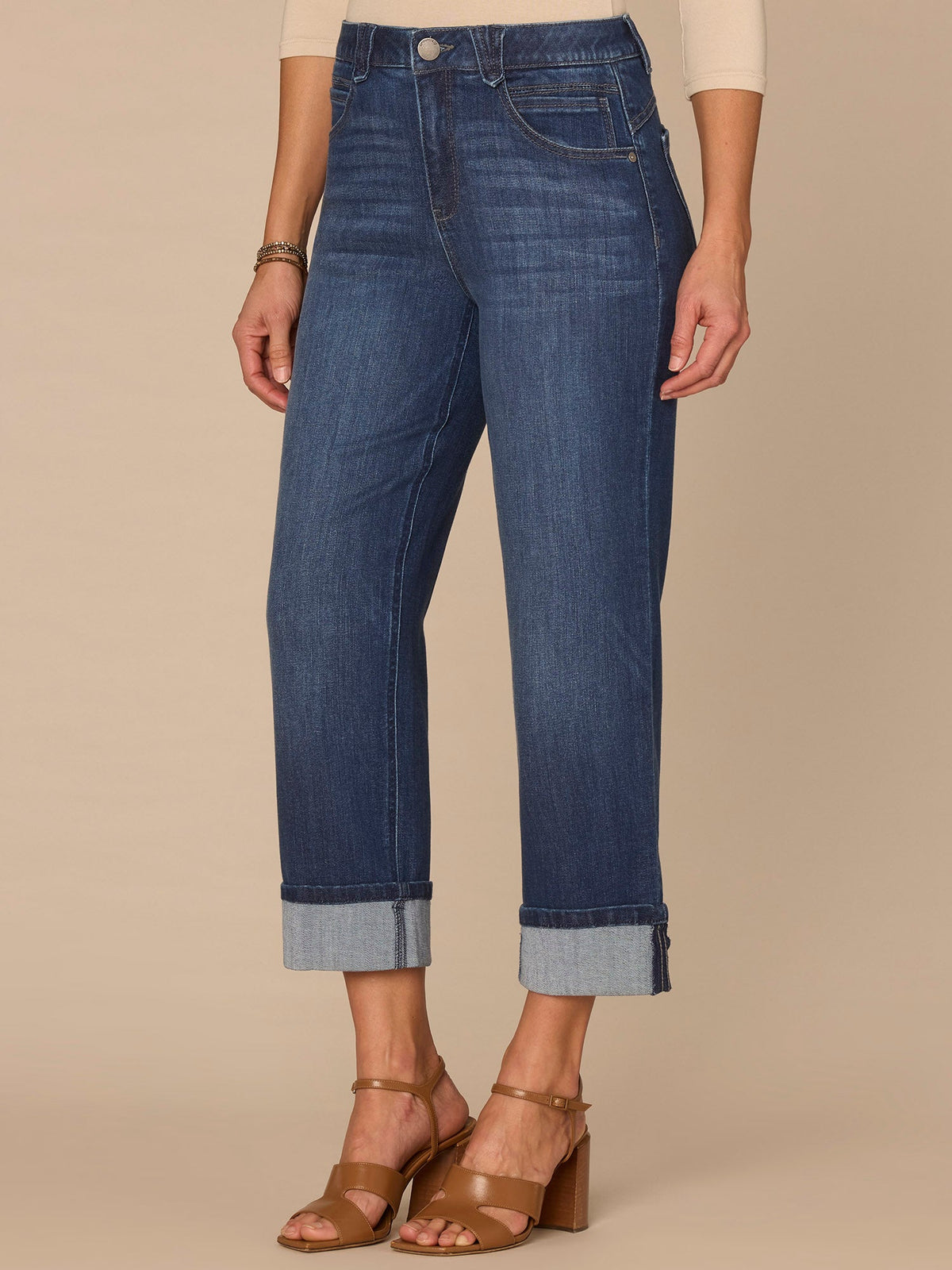 Democracy Clothing "Ab"solution® High Rise Round Up Petite Boyfriend Jeans with Crop Cuff - Blue Denim