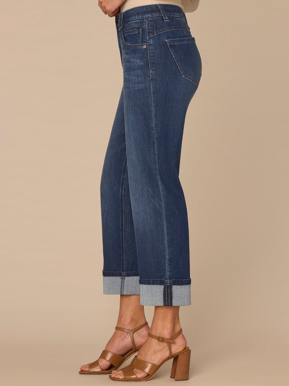 Democracy Clothing "Ab"solution® High Rise Round Up Petite Boyfriend Jeans with Crop Cuff - Blue Denim