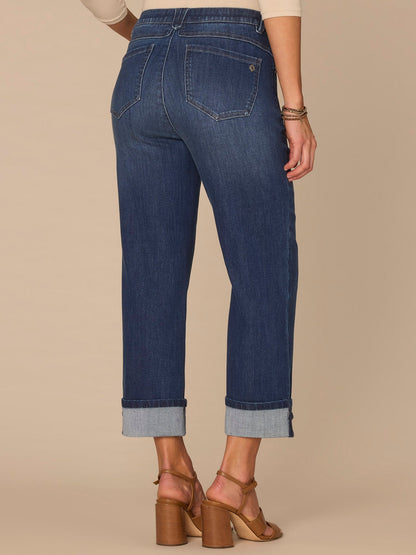 Democracy Clothing "Ab"solution® High Rise Round Up Petite Boyfriend Jeans with Crop Cuff - Blue Denim