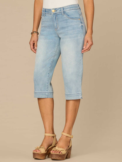 Democracy Clothing “Ab”solution® Mid-Rise 3D Bow Embroidery Slit Hem Petite Skimmer Jeans - Light Blue Artisanal Denim
