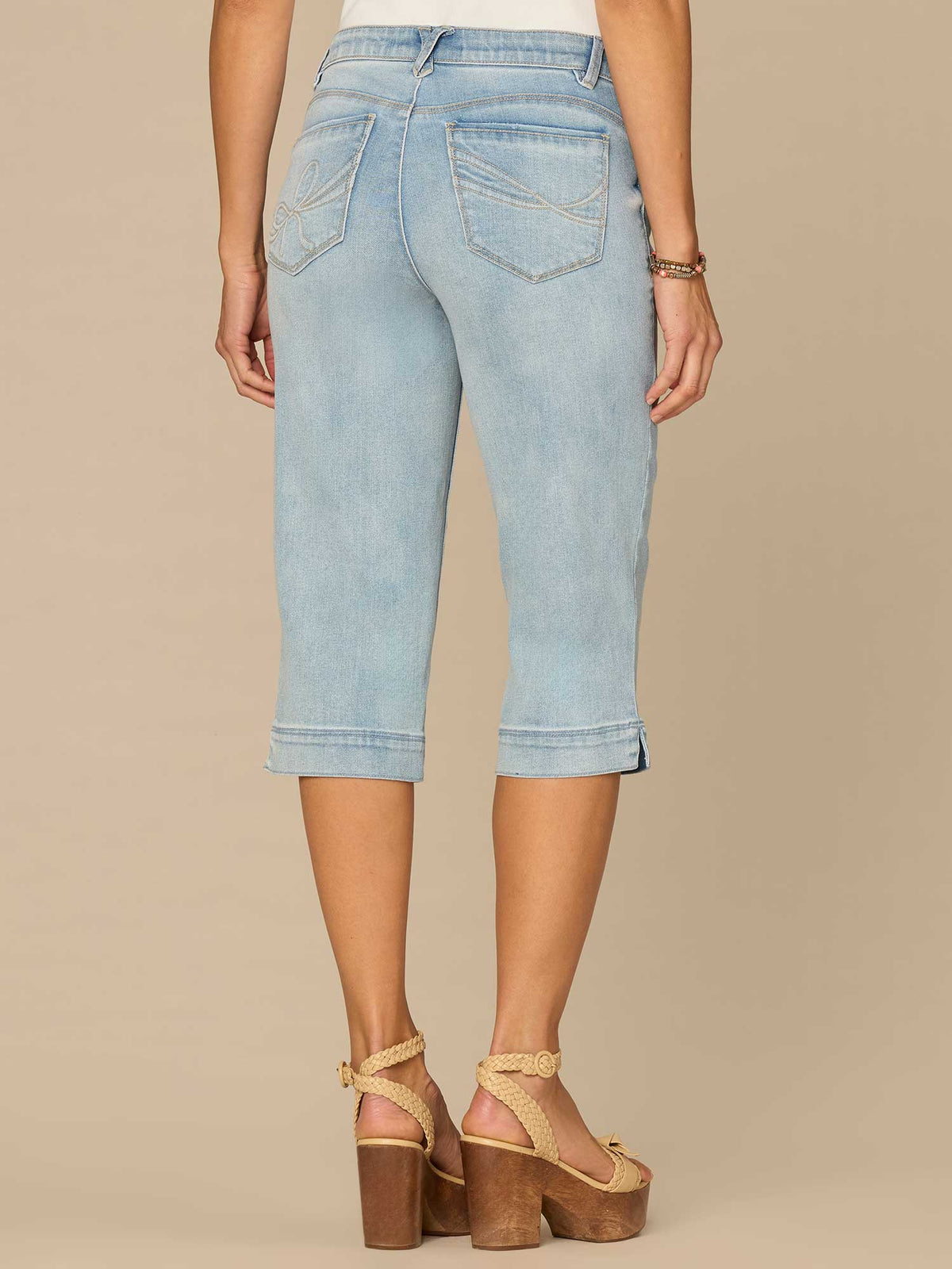 Democracy Clothing “Ab”solution® Mid-Rise 3D Bow Embroidery Slit Hem Petite Skimmer Jeans - Light Blue Artisanal Denim