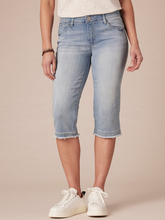 Democracy Clothing "Ab"solution® Light Blue Petite Fray Hem Skimmer Capri Jeans - Light Blue Denim