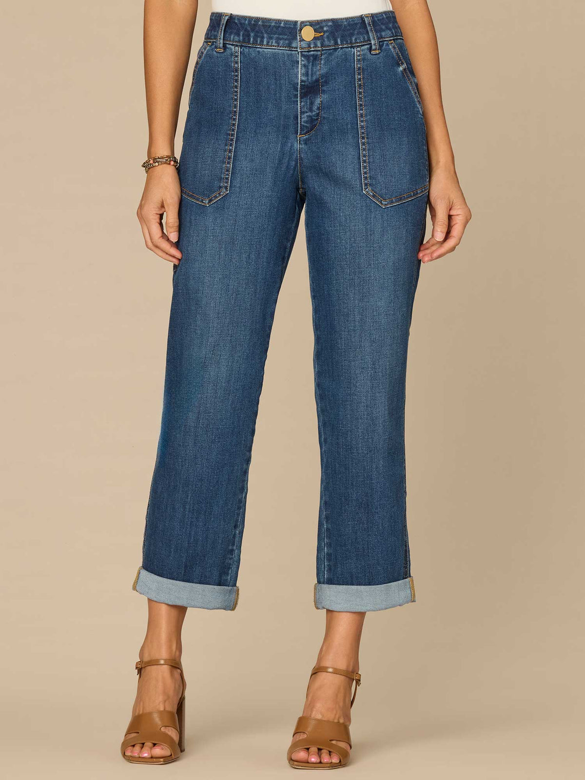 Democracy Clothing "Ab"solution® High Rise Patch Pocket Roll Cuff Utility Jeans - Blue Denim
