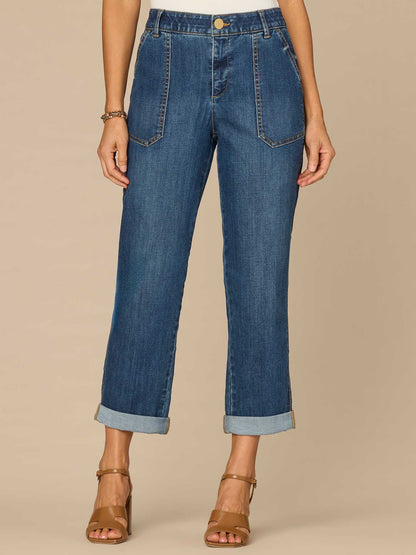 Democracy Clothing "Ab"solution® High Rise Patch Pocket Roll Cuff Petite Utility Jeans - Blue Denim