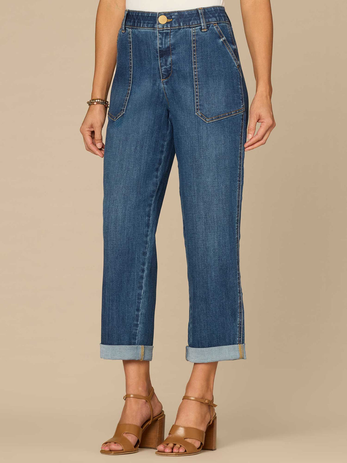 Democracy Clothing "Ab"solution® High Rise Patch Pocket Roll Cuff Utility Jeans - Blue Denim