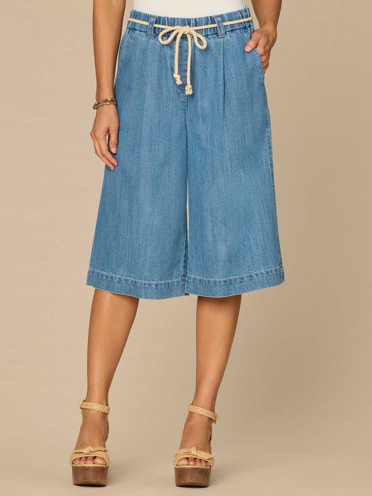 Democracy Clothing "Ab"leisure Skyrise Relaxed Bermuda Shorts with Rope Tie Belt - Light Blue Denim