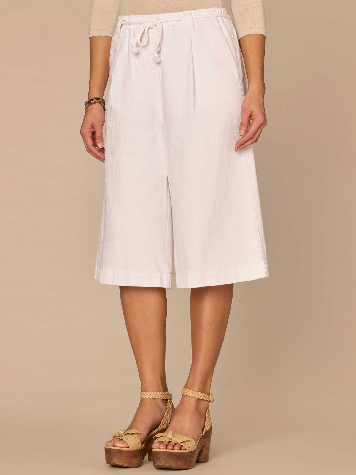 Democracy Clothing "Ab"leisure Skyrise Spade Pocket Petite Bermuda Shorts with Rope Belt - Optic White Denim