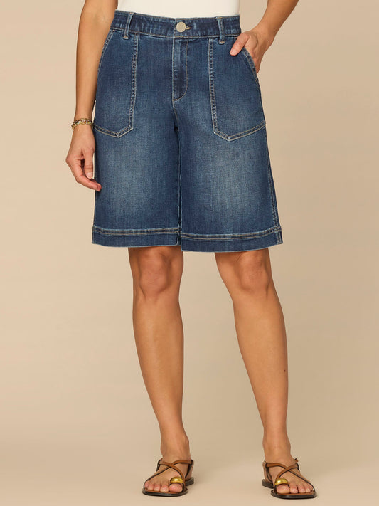 Democracy Clothing “Ab”solution® Skyrise Patch Pocket Embroidered Bermuda Short with Loop - Blue Denim
